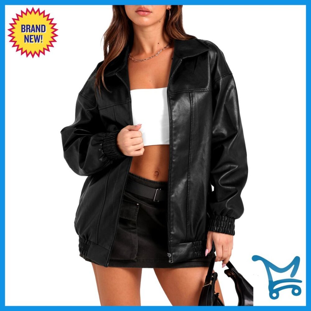 Oversized Faux Leather Motorcycle Jacket Y2K Retro Chic Bomber Coat
